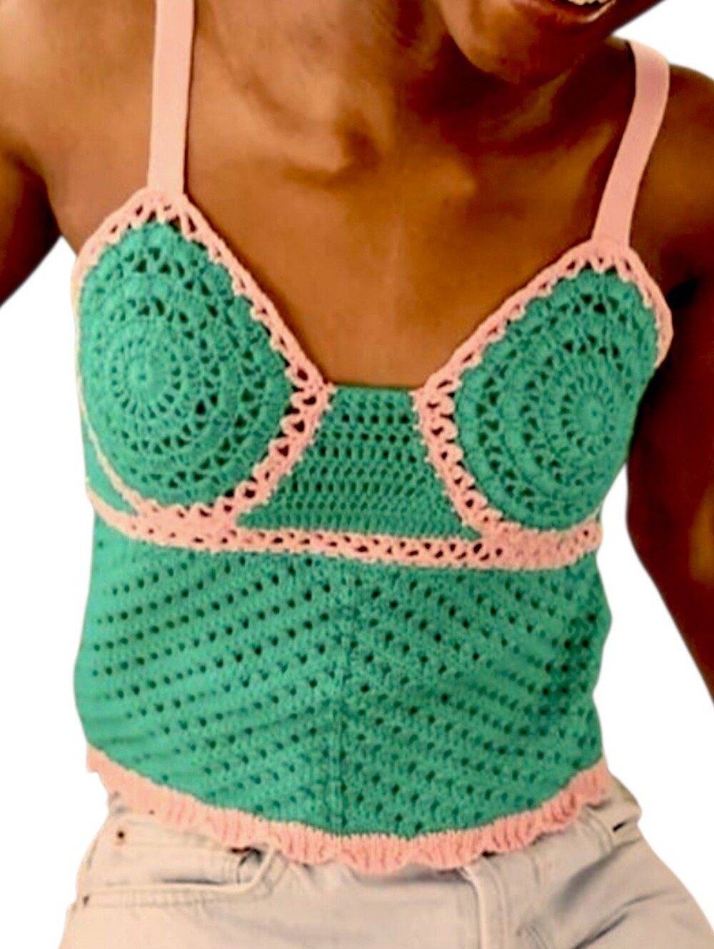 ASOS DESIGN Crochet Crop Top US 12 Pink Green Y2K Festival Boho Cami